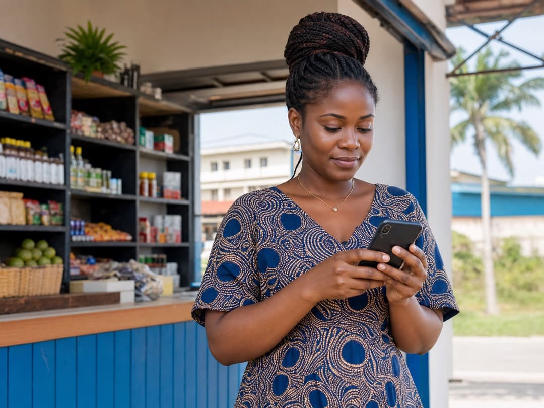 Commerçante gabonaise à Libreville commandant une livraison d'eau sur son téléphone