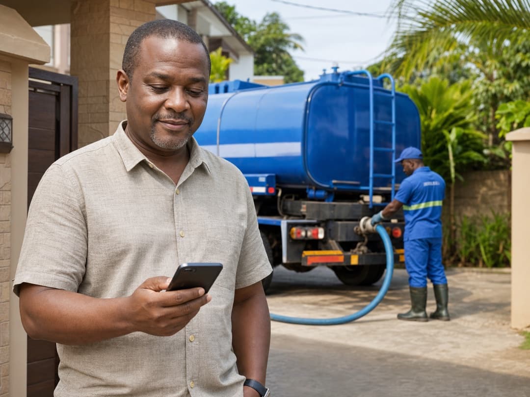 Client gabonais confirmant une livraison d'eau terminée sur son téléphone