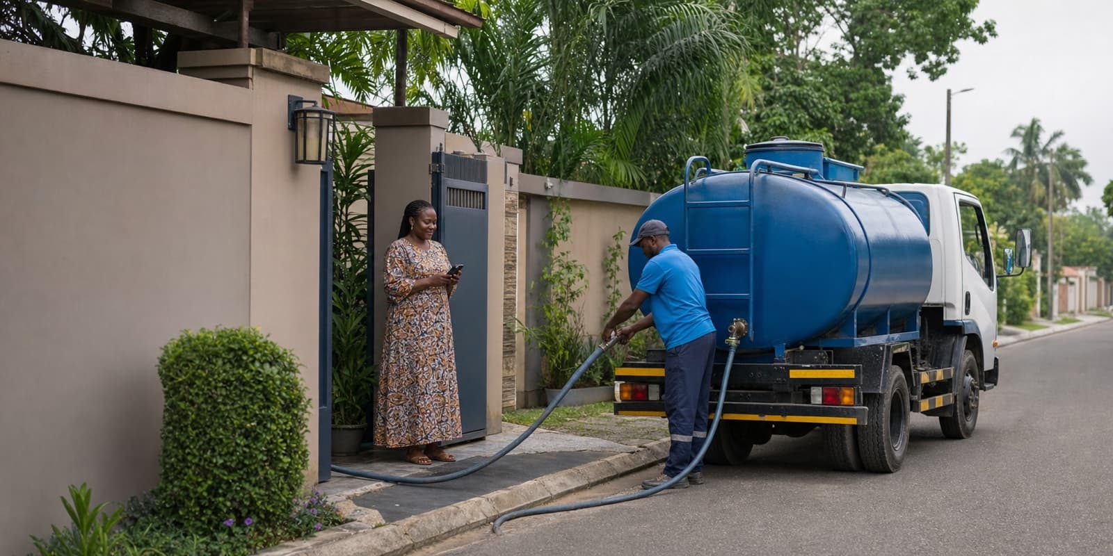 Livreur gabonais livrant de l'eau à une cliente devant son domicile à Libreville